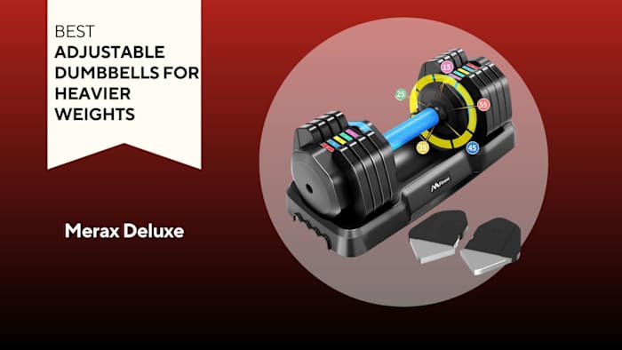 merax black adjustable dumbbell with blue handle on red background